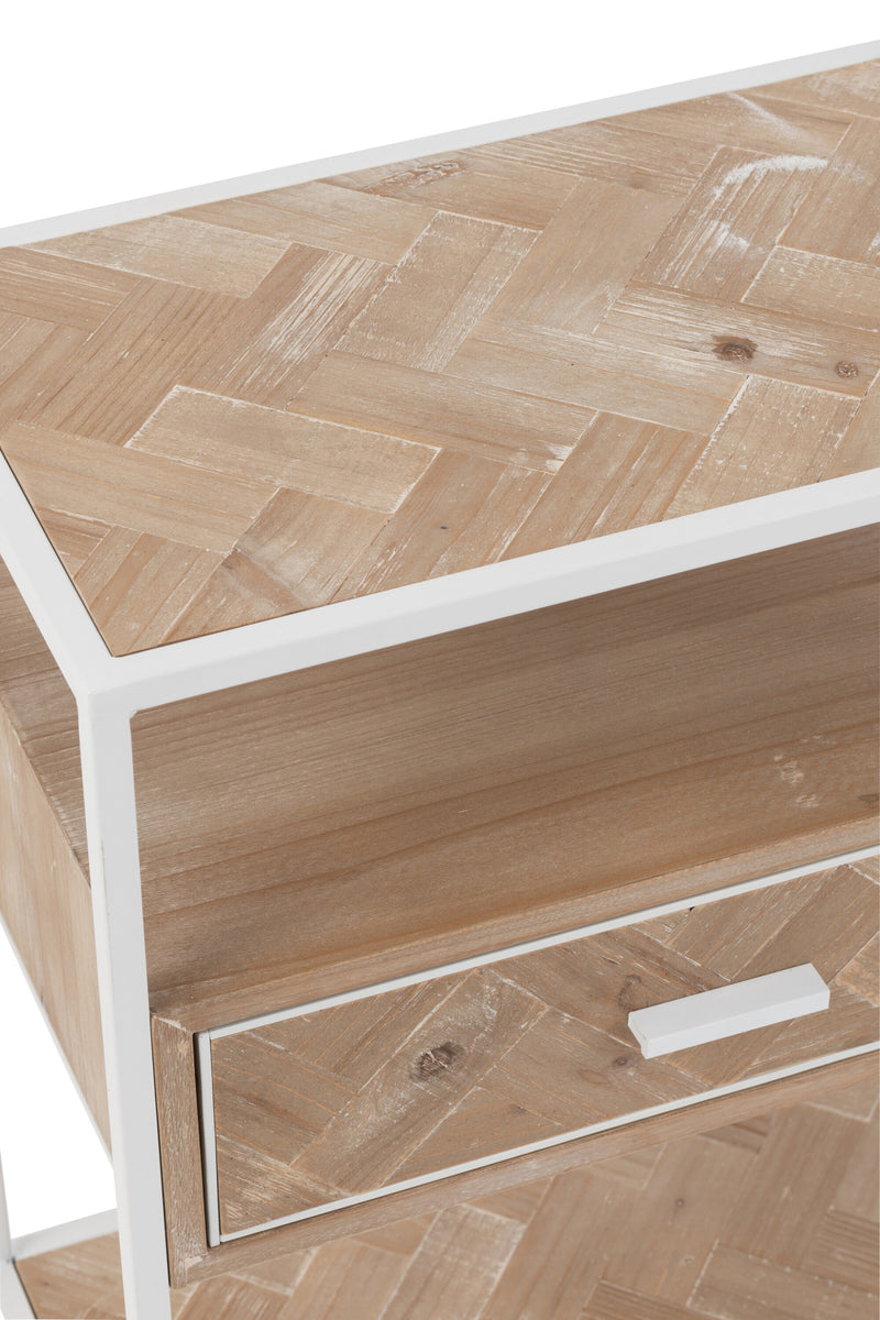 Eleganter Zigzag Beistelltisch mit Schublade - Holz und Metall in strahlendem Weiß
