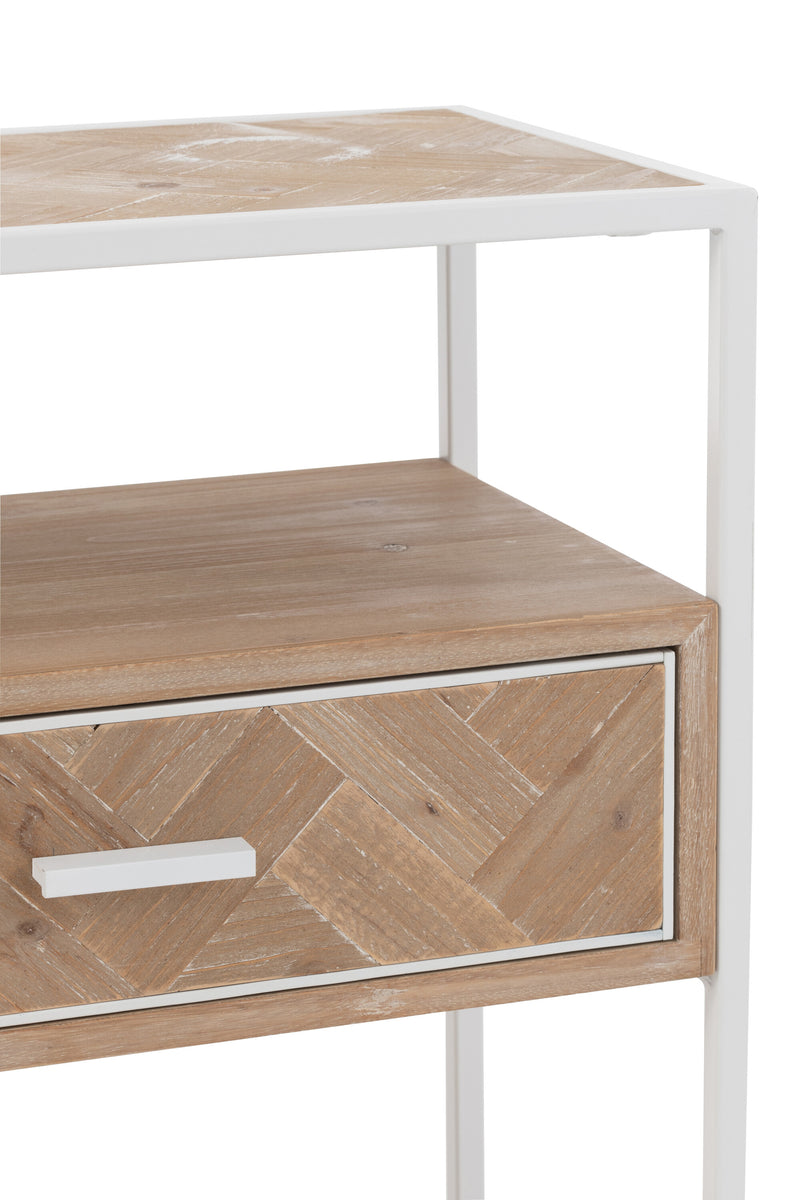 Eleganter Zigzag Beistelltisch mit Schublade - Holz und Metall in strahlendem Weiß