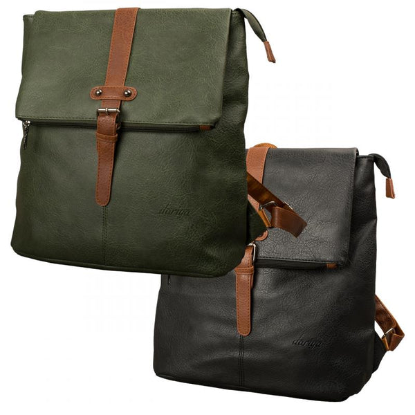 2-in-1 backpack bag with flap – PU leather in black or dark green
