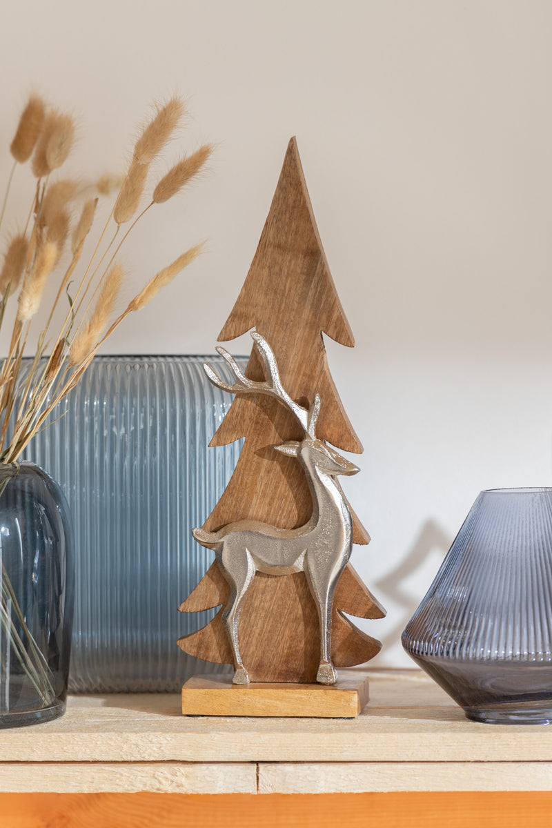 Weihnachtsbaum Cota Hirsch - Elegante Aluminium Skulptur auf Holzbasis, 42cm - Festliche Weihnachtsdekoration