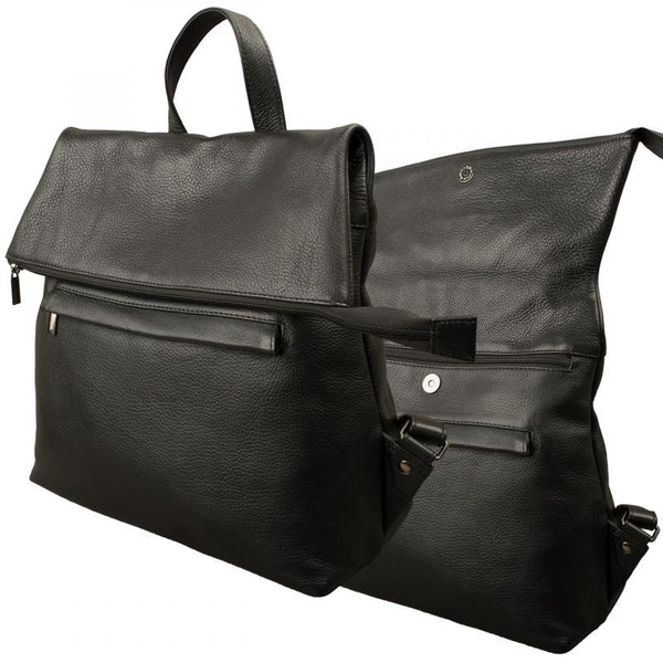 Black flap backpack made of cow nappa leather with zippered compartments