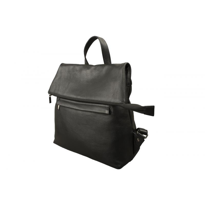 Black flap backpack made of cow nappa leather with zippered compartments