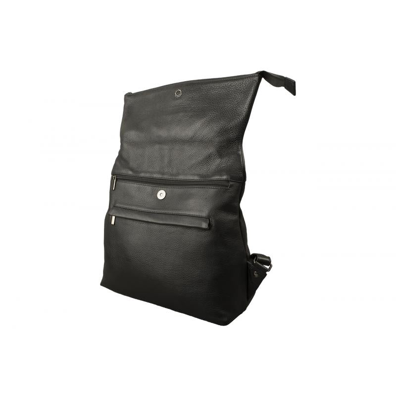 Black flap backpack made of cow nappa leather with zippered compartments