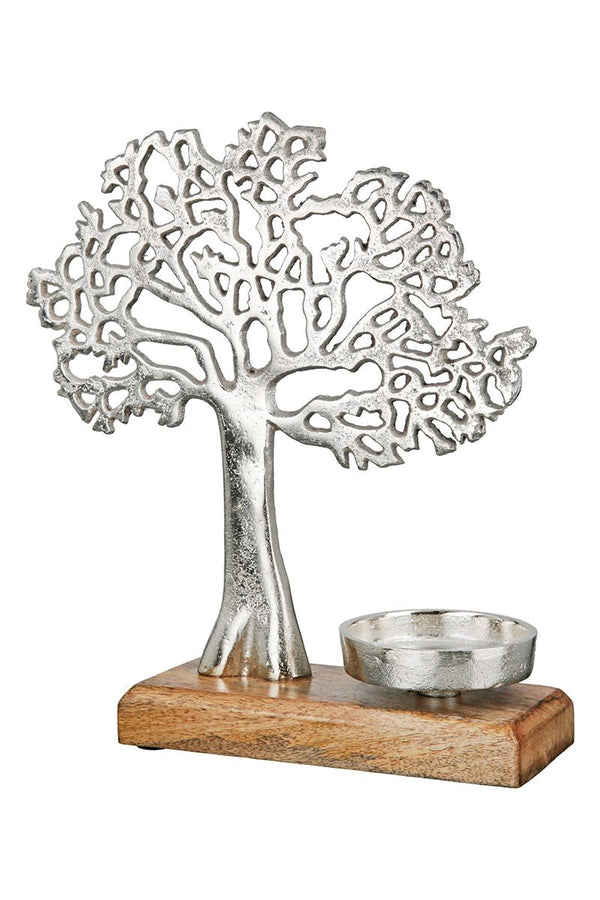 Set van 2 theelichtkandelaars 'Tree' - zilverkleurig aluminium met mangohouten voet | 23x8x26cm | Voor maxi theelichtjes