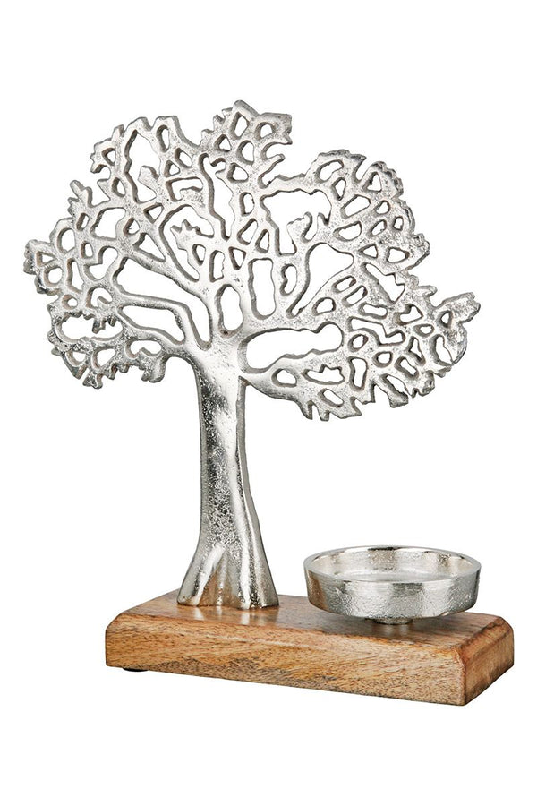 2er Set Teelichtleuchter 'Baum' – Silberfarbenes Aluminium mit Mangoholz Base | 23x8x26cm | Für Maxi Teelichter