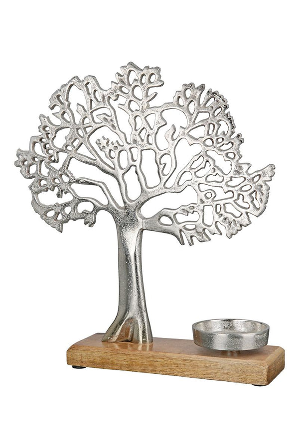 Set van 2 theelichtkandelaars 'Tree' - zilverkleurig aluminium met mangohouten voet | 33x8x33cm | Voor maxi theelichtjes