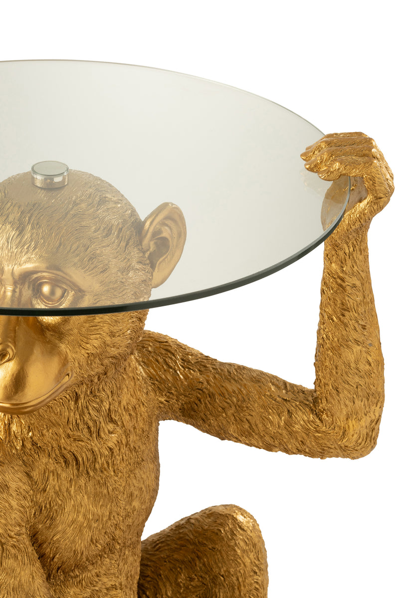 Beistelltisch Sitzender Affe Goldfarben, Runde Glasplatte, 62x48x52 cm