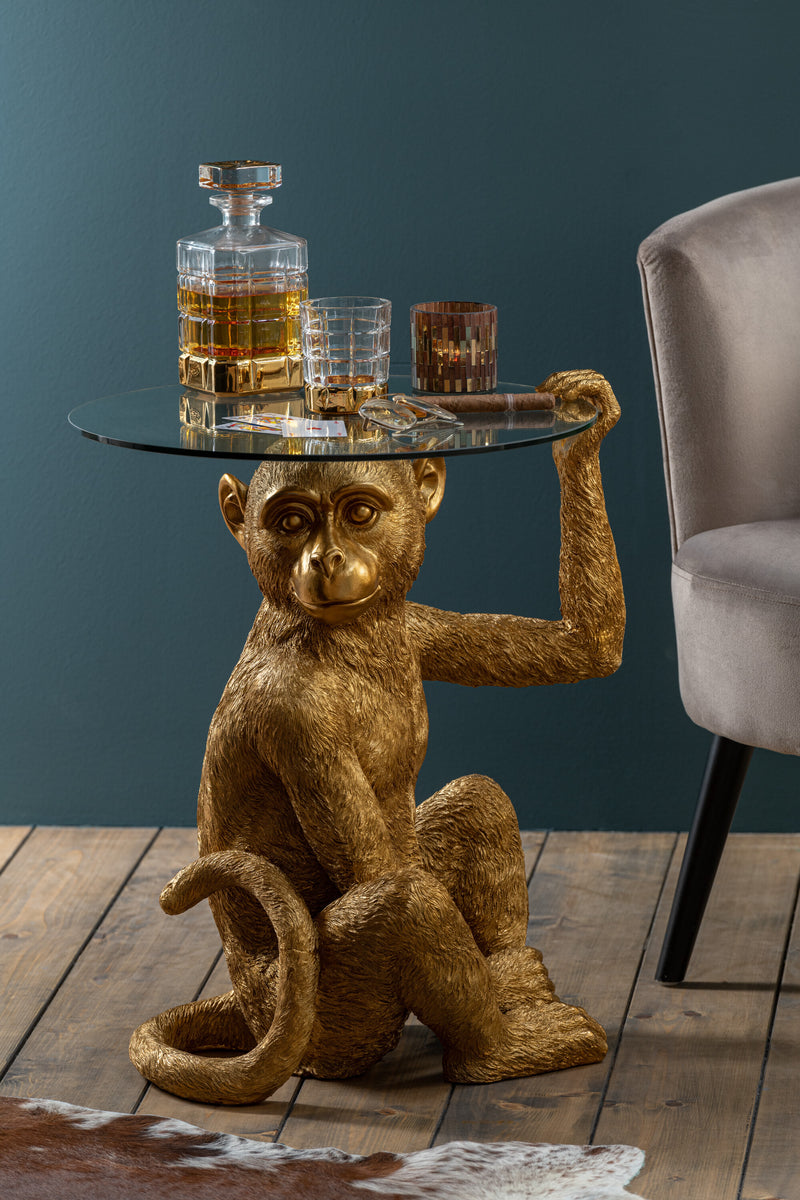 Beistelltisch Sitzender Affe Goldfarben, Runde Glasplatte, 62x48x52 cm