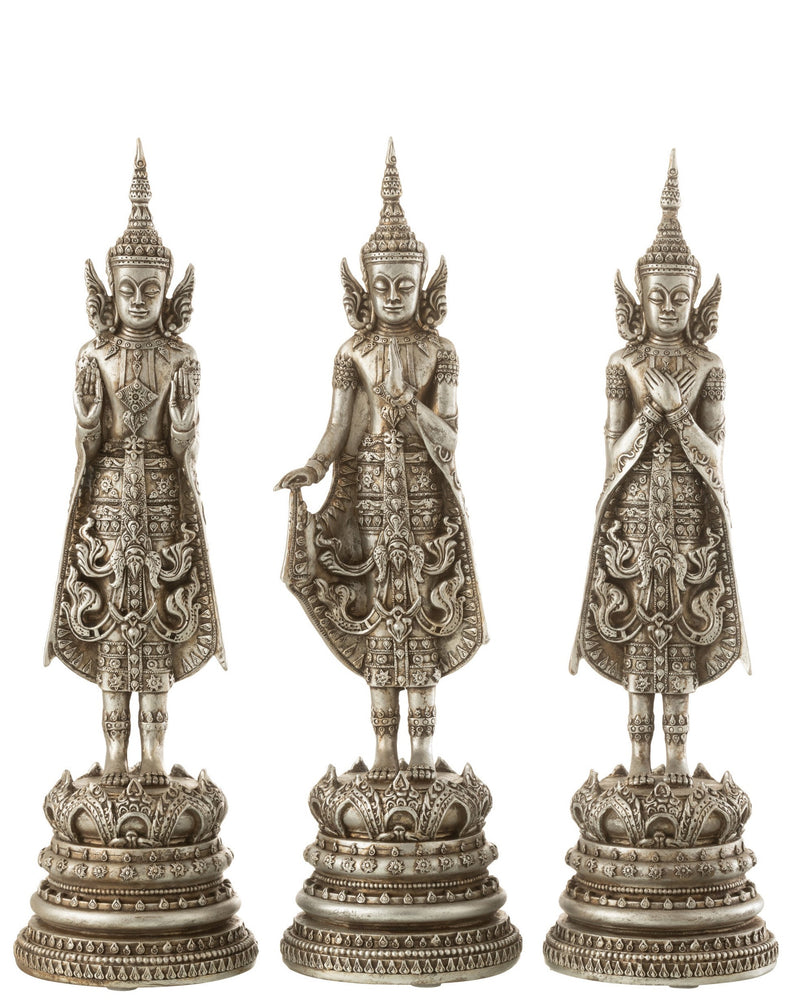 Elegantes 3er Set Stehende Buddha Statuen in Strahlendem Silber