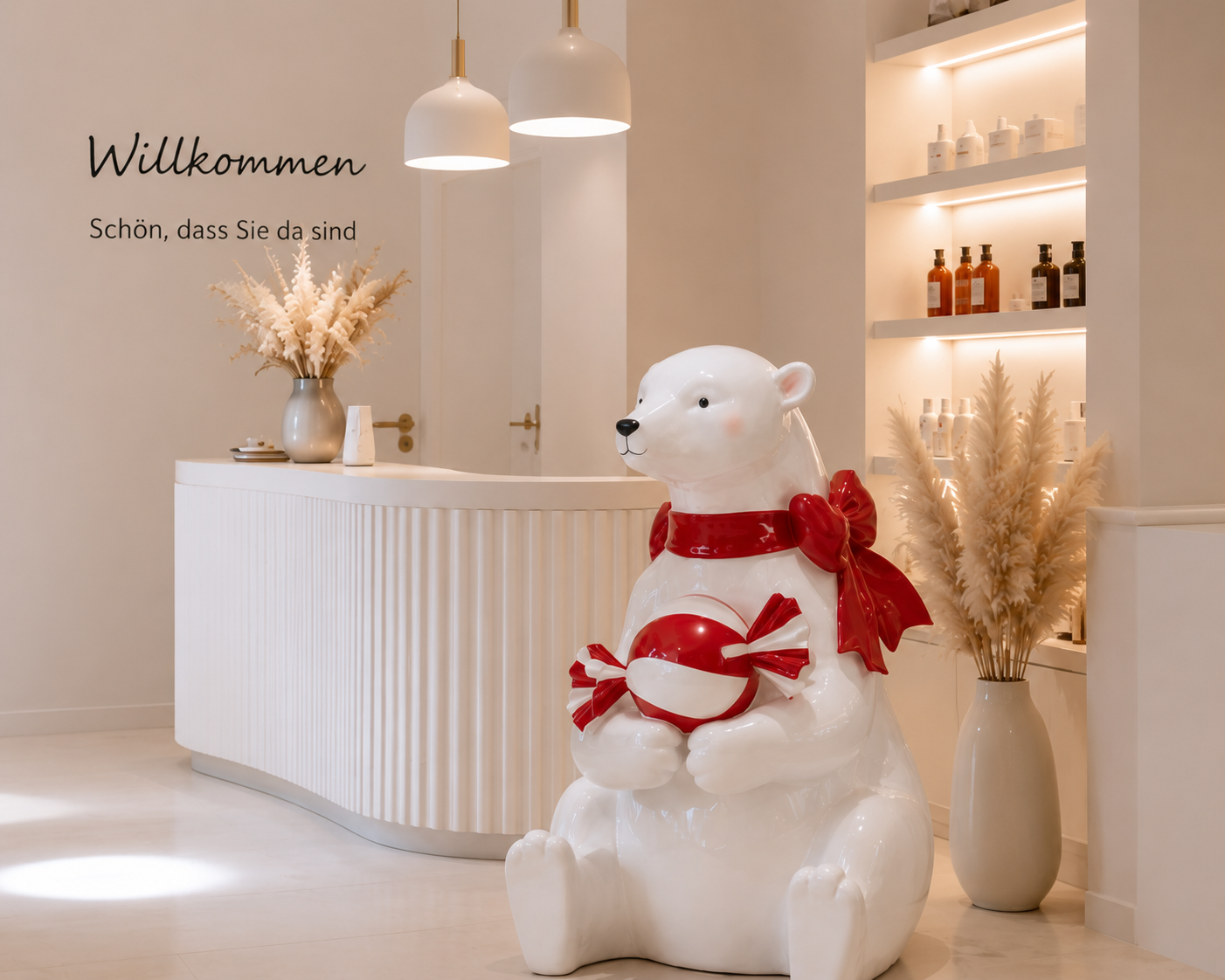 XXL Deko Eisbär Candy Noel Sitzend mit Süßigkeiten Weiß Rot 108 cm