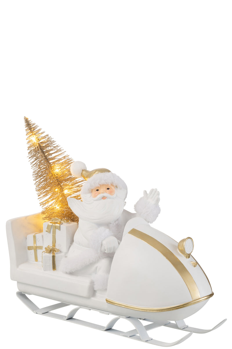 Weihnachtszauber LED-Weihnachtsmann mit Schlitten aus Poly und Metall in Weiß/Gold, 30 cm hoch