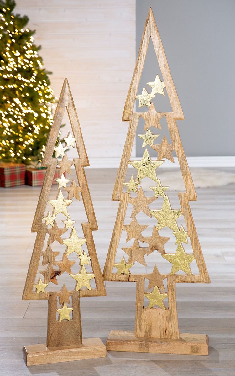 Holz Baum 'Star' – Naturfarbenes Mangoholz mit Goldfarbenen Sternen | Elegantes Deko-Element | 25x8x87cm