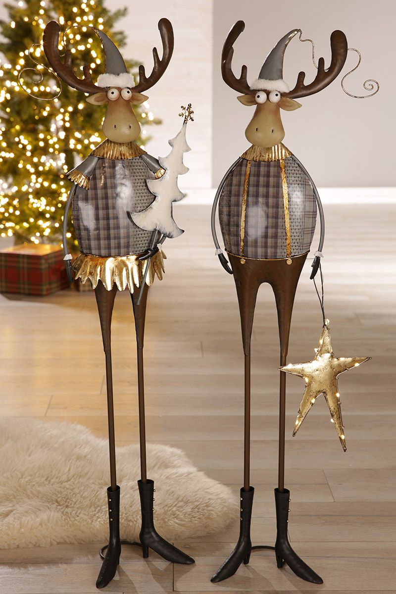 2er Set Metall Rentier 'Rudi' - Grau/Braun Dekorative Figuren mit Baum, Stilvolle Weihnachtsdeko für Innen & Außen | 16x21,5x65cm