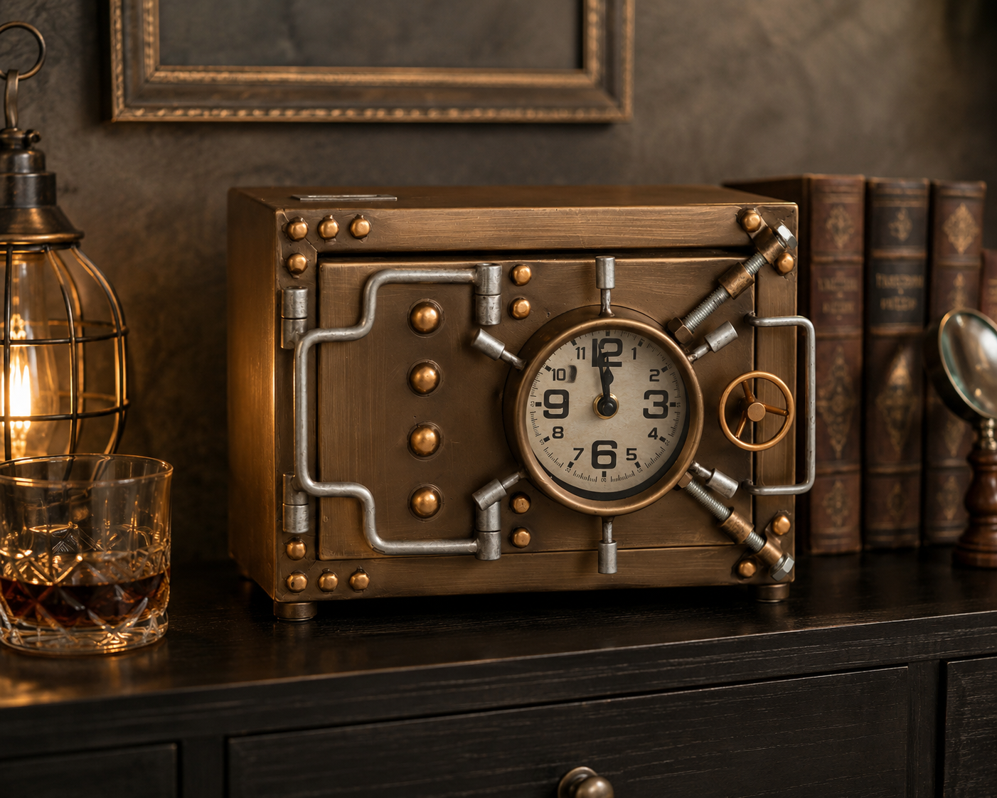 Tischuhr Tresor Design Metall Gold Vault Time