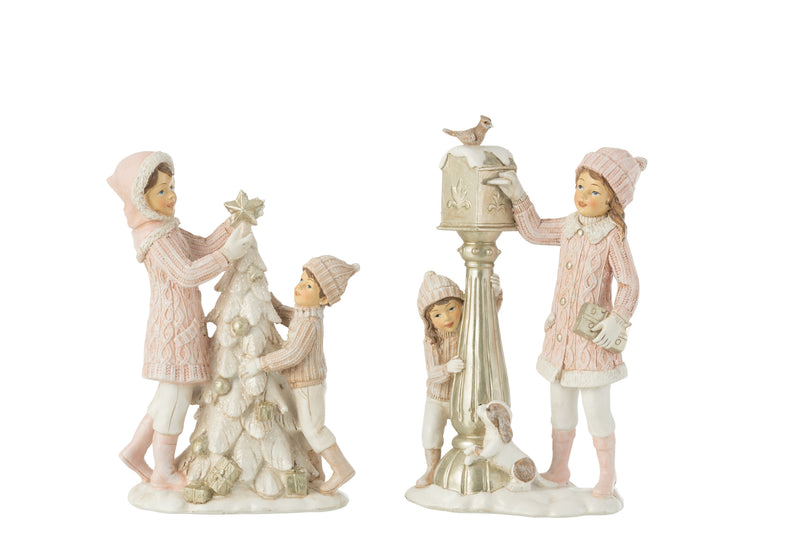 4er-Set Weihnachtsfiguren, Mädchen und Junge, Tannenbaum und Briefkasten Szene, Weiß/Rosa