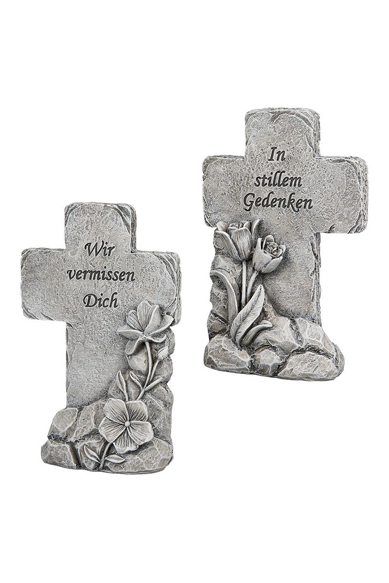 Memorial cross set of 2 with saying – decorative grave decoration in stone look