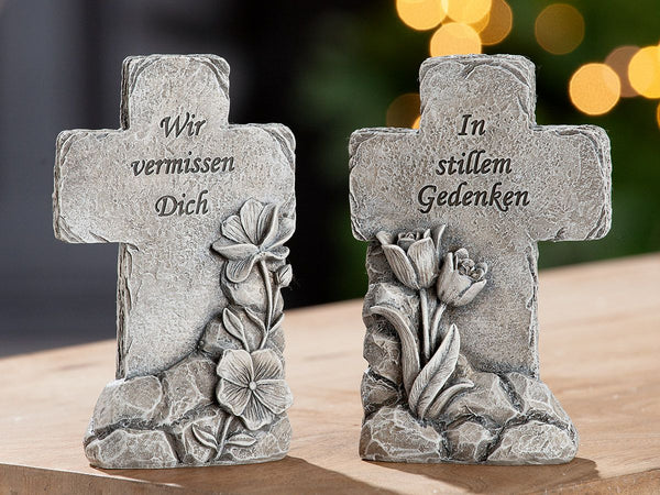 Memorial cross set of 2 with saying – decorative grave decoration in stone look