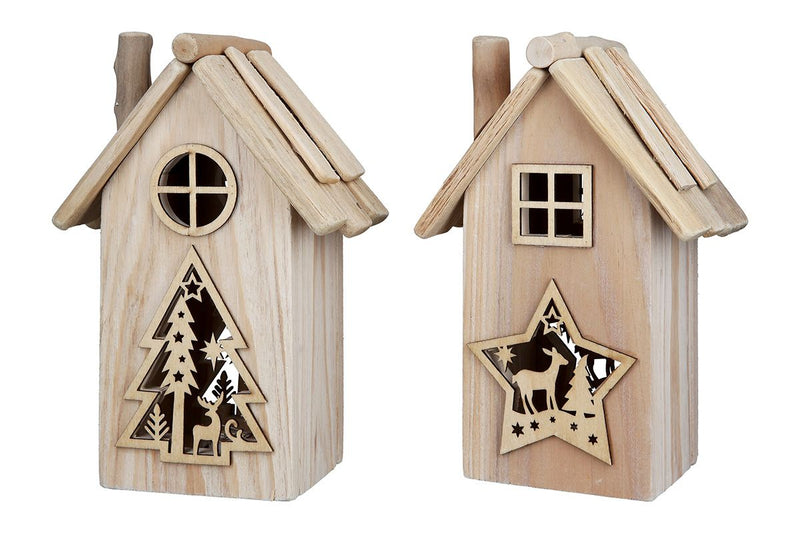 4er Set Holz LED-Haus - Stern & Baum Motive | Handgefertigt aus Treibholz | 14x8x21cm | Inkl. Knopfzellen | Naturfarben