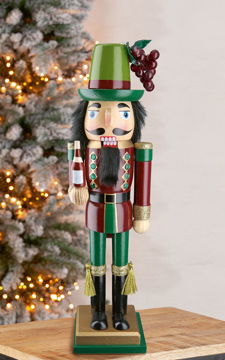 Notenkraker-wijnkenner-figuur - houten decoratie van 35 cm, set van 2