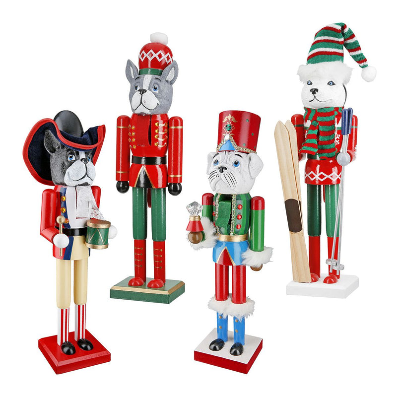 Notenkrakerhondfigurenset van 4, hout, 38 cm, veelkleurig