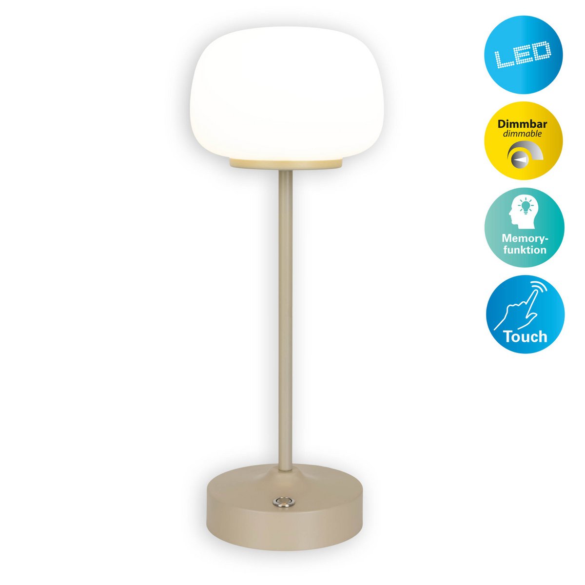 LED Akku-/ Tischleuchte "PINA" 30 cm hoch, aus Metall (beige) und Glas (weiß), integrierte LEDs, warmweiß
