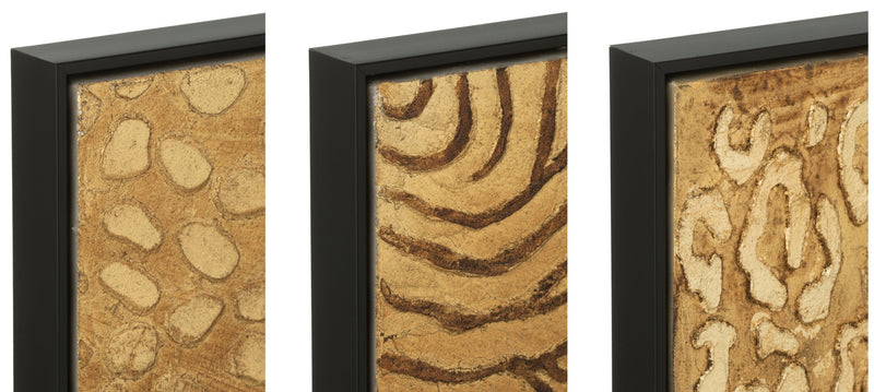 3-part picture set "Animal Elegance" - fur pattern of leopard, zebra and tiger, wood/canvas in black/gold