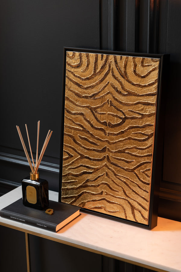 3-teiliges Bilderset "Tierische Eleganz" - Fellmuster von Leopard, Zebra und Tiger, Holz/Leinwand in Schwarz/Gold