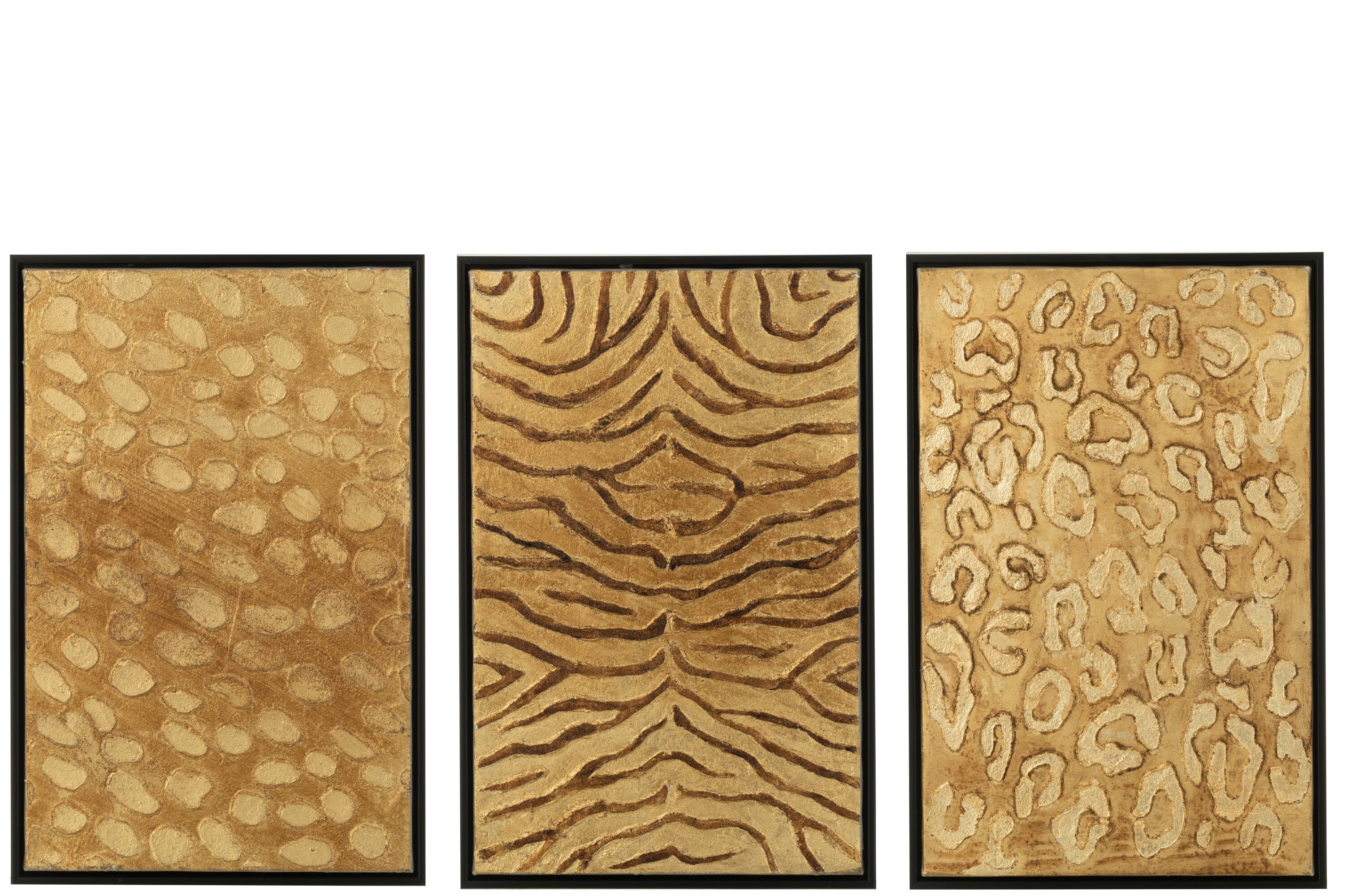 3-delige fotoset "Animal Elegance" - bontpatroon van luipaard, zebra en tijger, hout/canvas in zwart/goud
