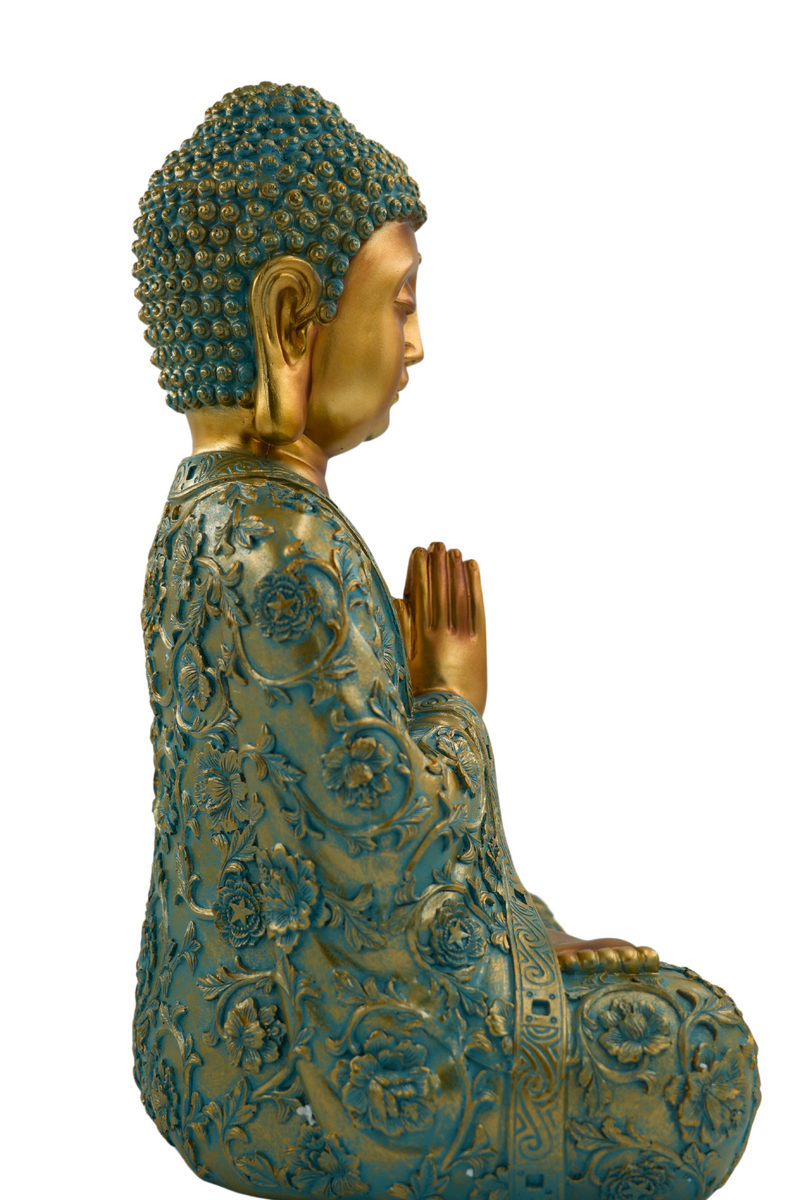 Buddhafigur XXL Erhabene Buddha Figur NYORAI in Mintgrün & Gold 41,5 cm Höhe