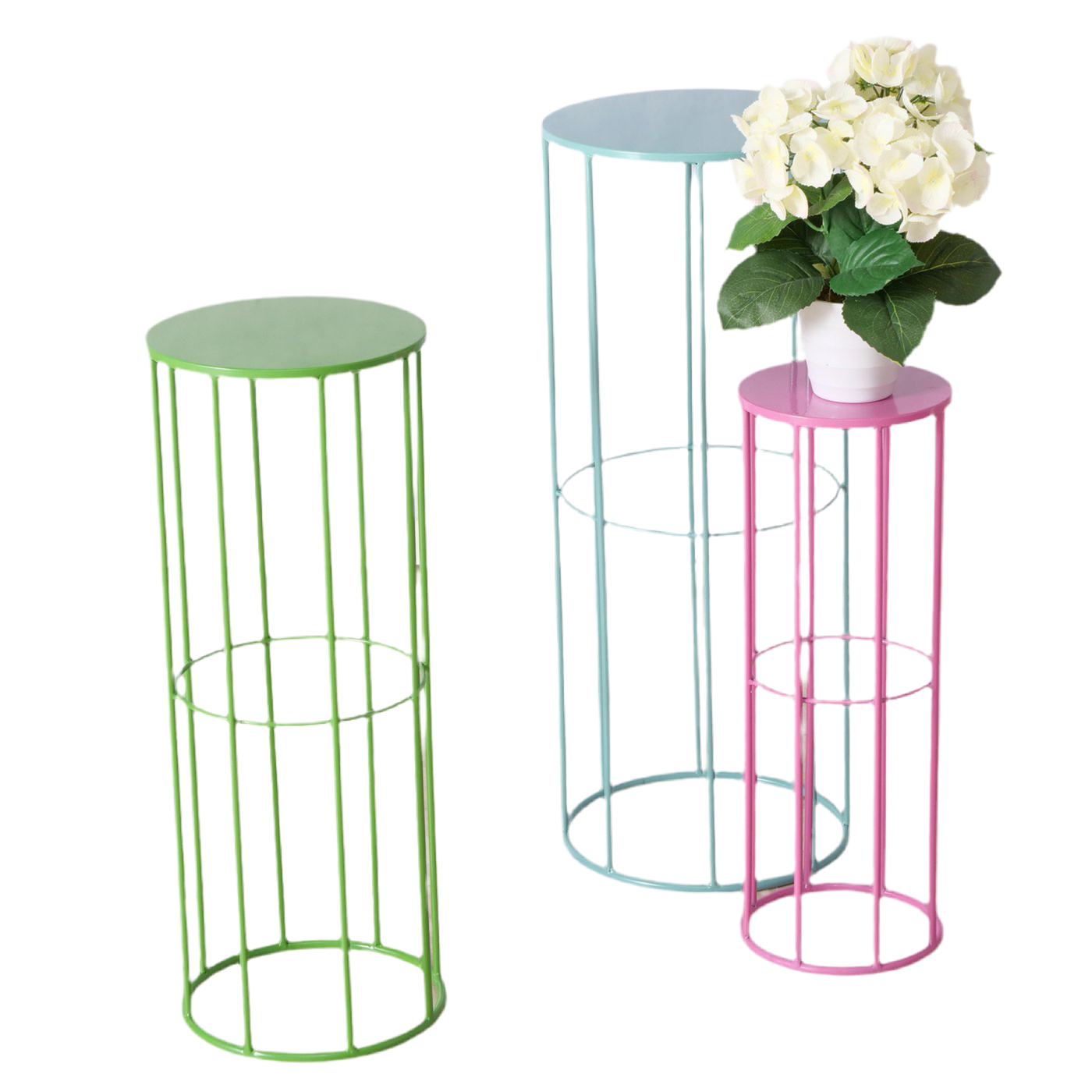 Set of 3 decorative tables Eton metal frame in blue, green, pink