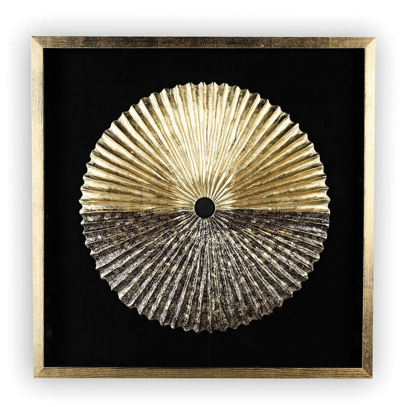 Wall object 'Plato' - handmade wood/glass artwork, gold/black, 80x80 cm