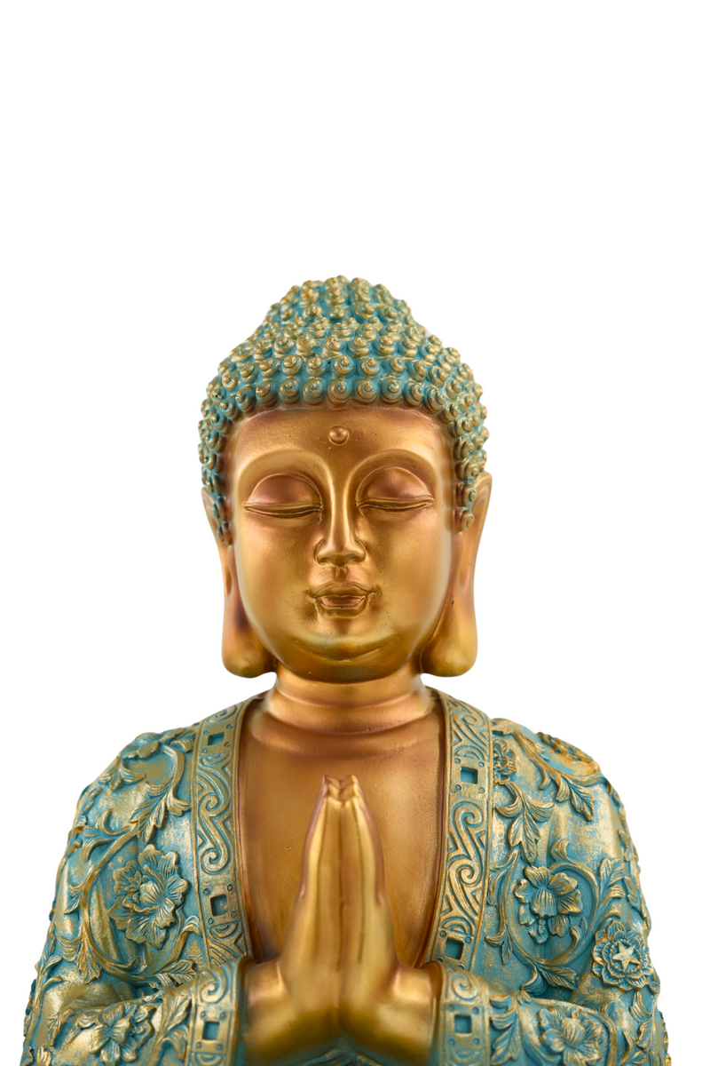 Buddhafigur XXL Erhabene Buddha Figur NYORAI in Mintgrün & Gold 41,5 cm Höhe