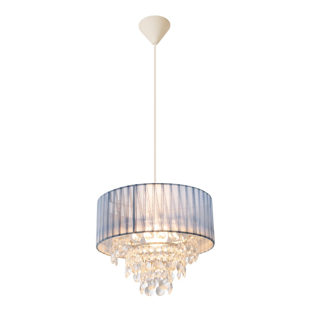 Decorative pendant light "KRISTALLO", hanging lamp made of metal, transparent plastic, and gray textile material, E27 socket, for dining room, living room, hallway, or office, 30 cm diameter