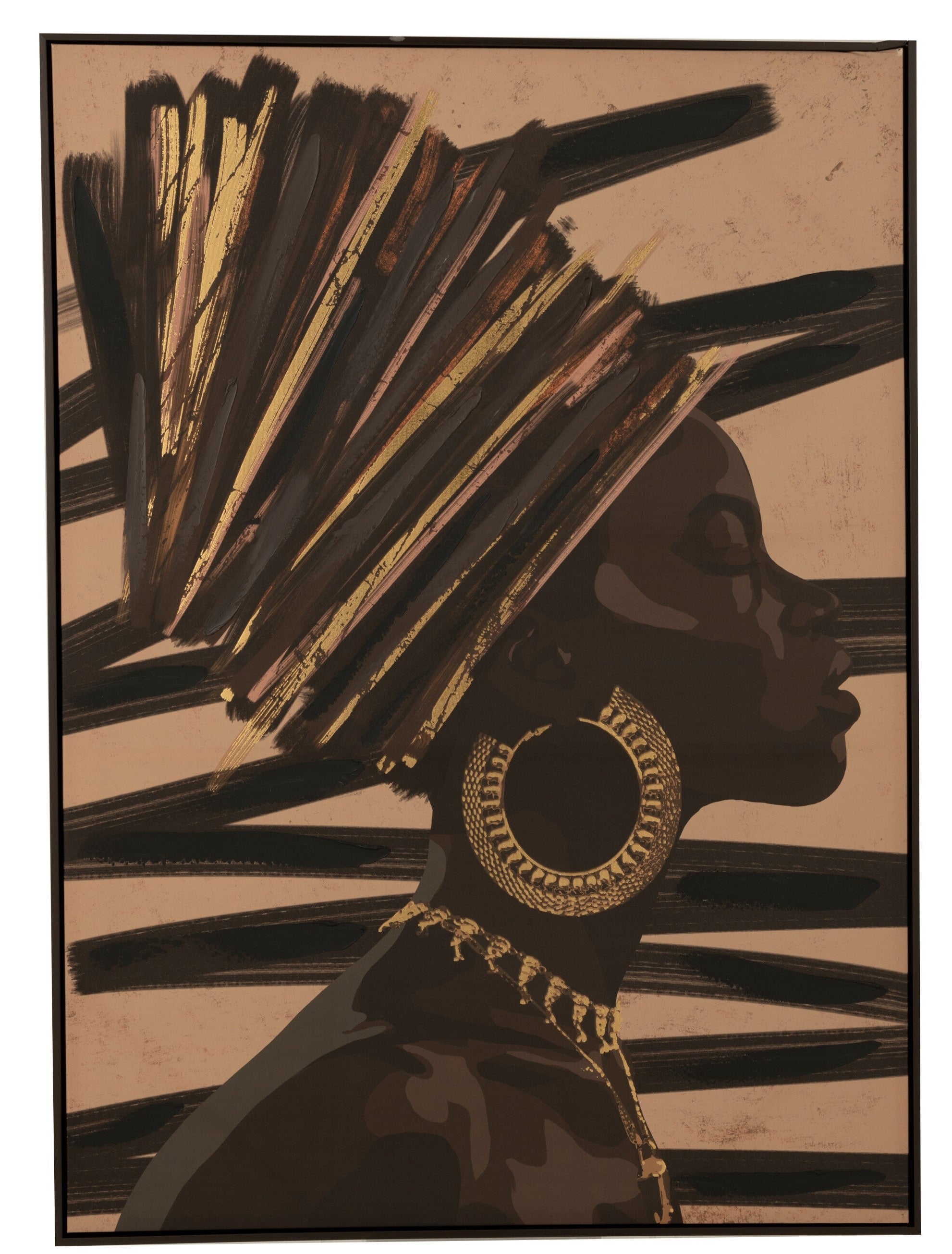 Painting African Woman Line - Unique hand-painted pieces made of wood and canvas in brown and black
