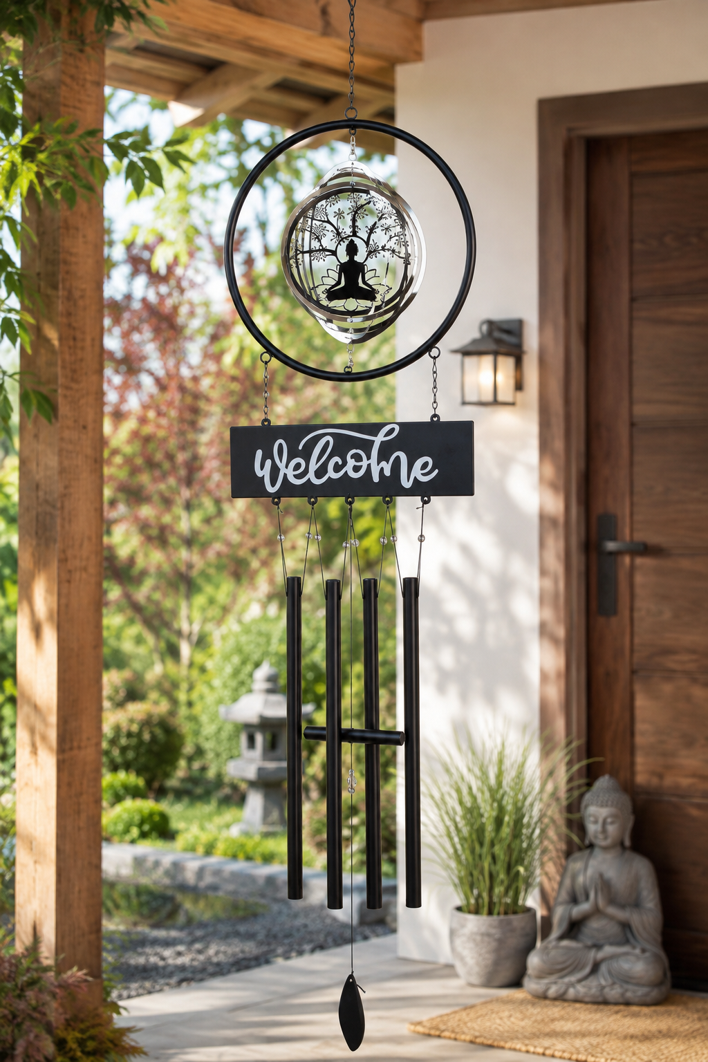 Windspiel Buddha Welcome mit Edelstahl Kreisel 133 cm