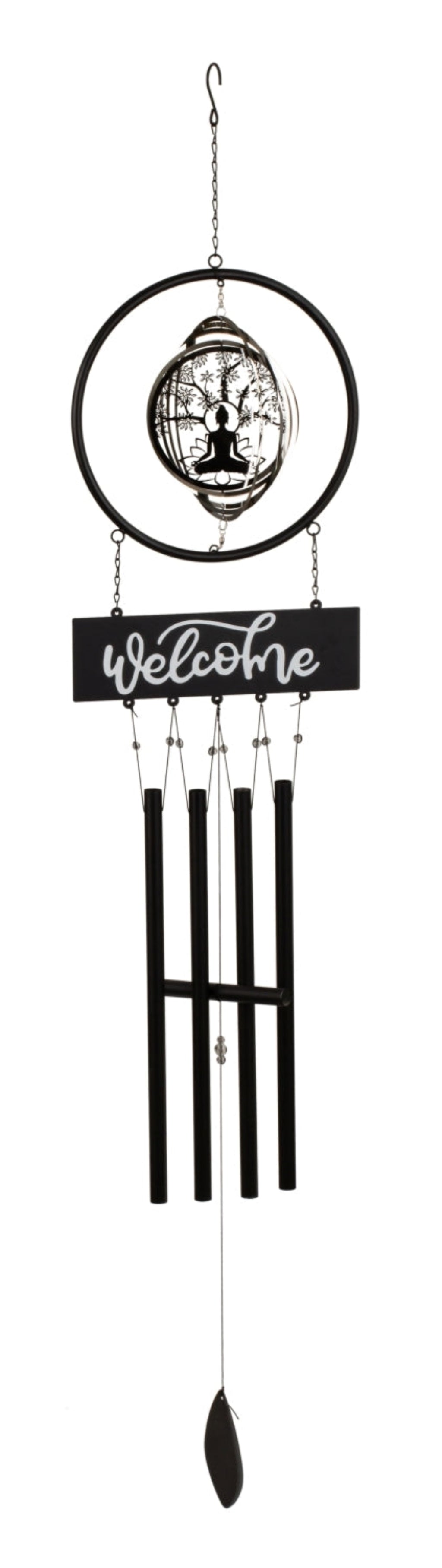 Windspiel Buddha Welcome mit Edelstahl Kreisel 133 cm
