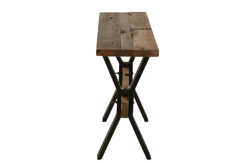 Vintage consoletafel van bruin verouderd hout met zwart metalen onderstel - Voeg karakter toe aan je ruimte