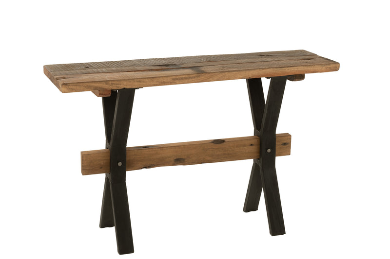 Vintage consoletafel van bruin verouderd hout met zwart metalen onderstel - Voeg karakter toe aan je ruimte