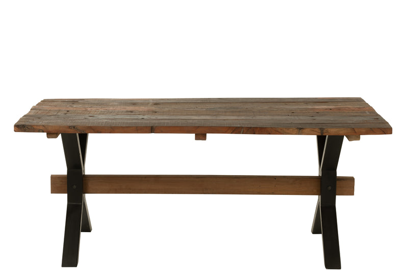 Karakteristieke eettafel van verweerd bruin hout met zwart metalen frame - Handgemaakt meesterwerk