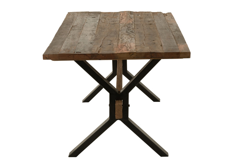 Karakteristieke eettafel van verweerd bruin hout met zwart metalen frame - Handgemaakt meesterwerk