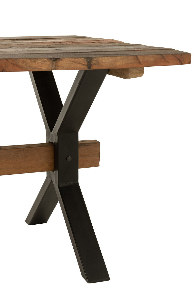 Karakteristieke eettafel van verweerd bruin hout met zwart metalen frame - Handgemaakt meesterwerk