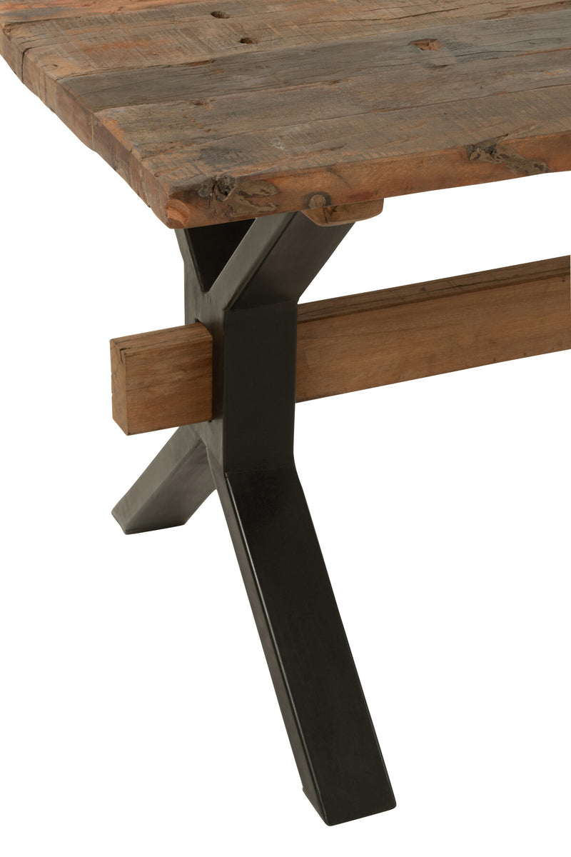 Karakteristieke eettafel van verweerd bruin hout met zwart metalen frame - Handgemaakt meesterwerk