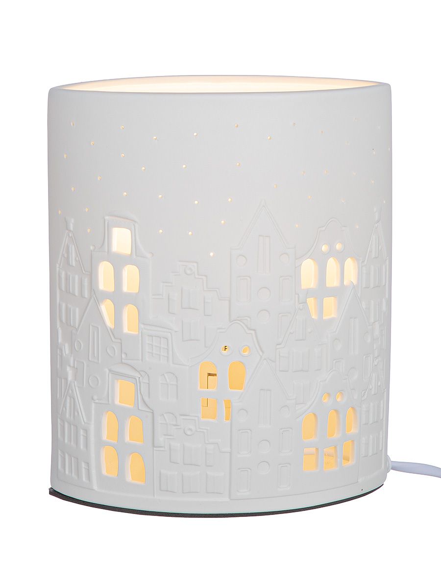 Tafellamp “City Lights” – wit porselein met huismotief