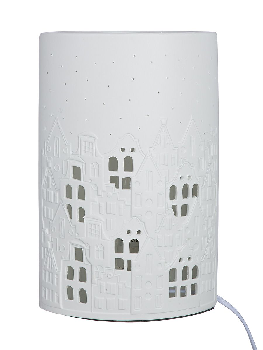 Tischleuchte "Stadtlichter" – Weißes Porzellan mit Hausmotiv