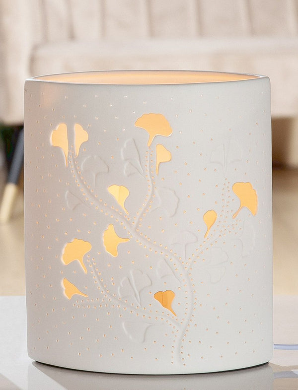 Table lamp Ginkgo Porcelain lamp with ginkgo motif