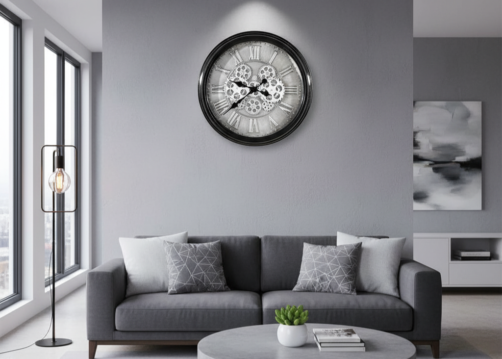 Factona - Wall clock made of metal and glass with antique finish and rotating gears