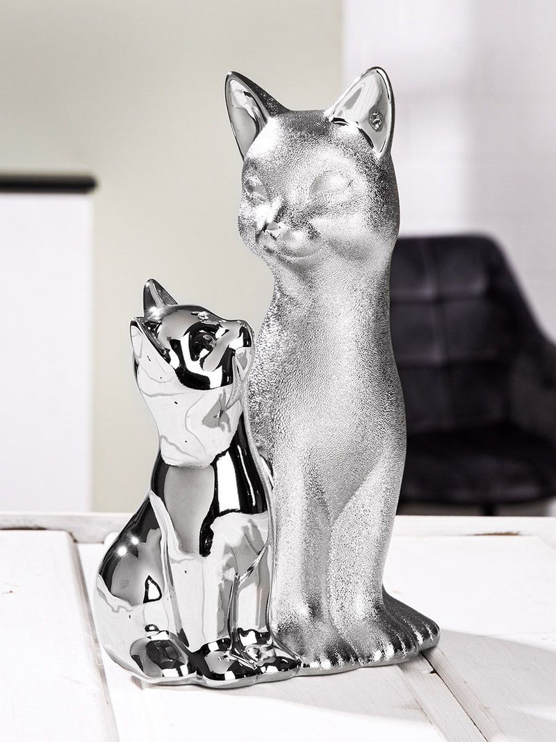 Exklusives 2er Set Silberfarbene Porzellan Katzenskulpturen - Elegante Darstellung von Katze und Jungem