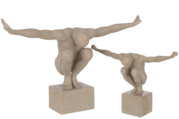 Set of 2 Marble Poly Athlete Sculptures on Base, Sand Color - Available Sizes: Large and Small