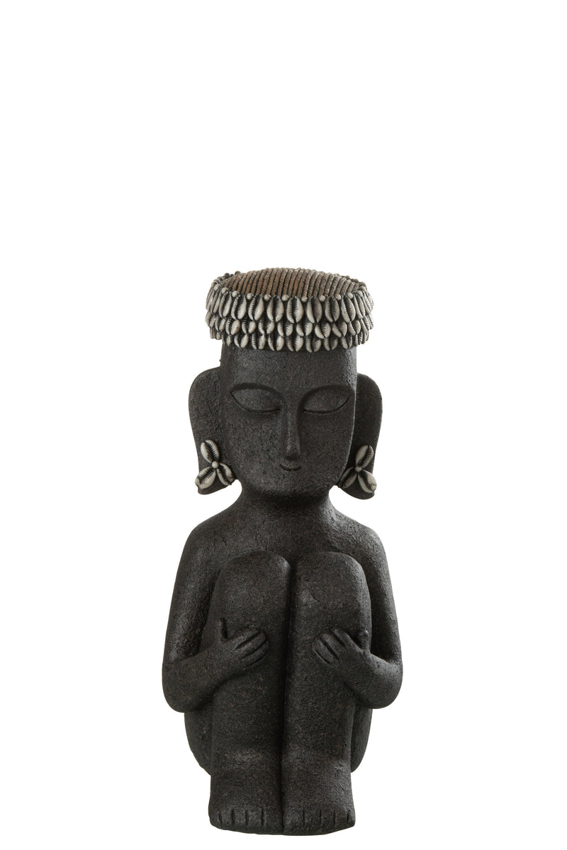 2er Set Ethnische Statuen BUJAD Sitzend, Stein Resin, Schwarz