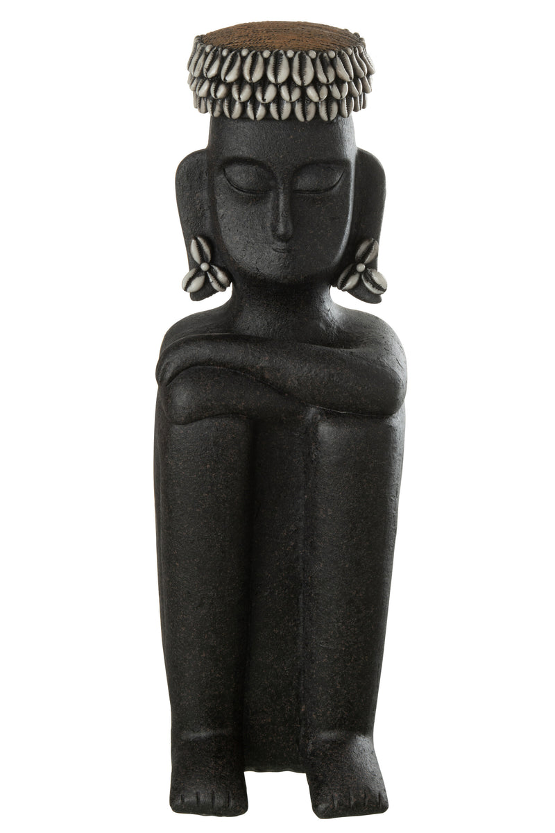 2er Set Ethnische Statuen BUJAD Sitzend, Stein Resin, Schwarz